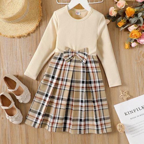 Girl's dress with bow design ribbed plaid stitching long sleeve girl's dress