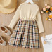 Girl's dress with bow design ribbed plaid stitching long sleeve girl's dress