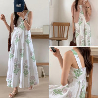 Summer vacation feel botanical print design waist suspender dress