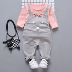 2 件套幼兒女嬰服裝長袖上衣 + 背帶褲子衣服套裝