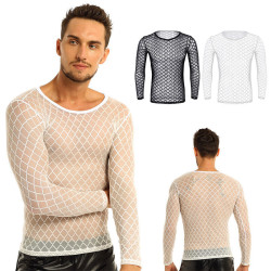 Men's See Through Mesh Fishnet Long Sleeve Fitted Muscle Tops Club Wear T-Shirt